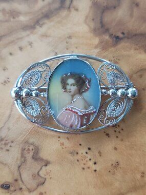 Sterling & Porcelain Portrait Brooch by Carl Art